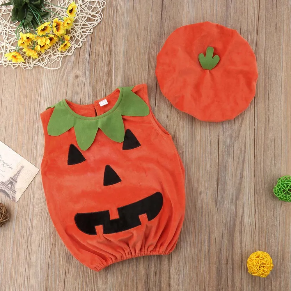 

Newborn Baby Girl Boy Sleeveless Sleeveless Cotton O-Neck Pumkin Vest +Hat Kids Halloween Clothes Set