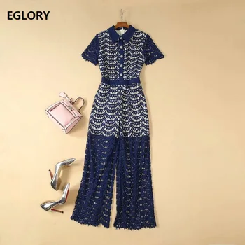 

High Quality New 2019 Summer Fashion Lace Jumpsuits Women Turn-down Collar Beading Button Short Sleeve Ankle Jumpsuit Rompers