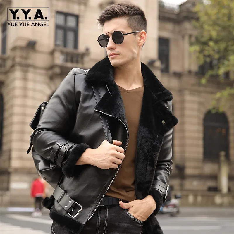 

Winter Mens Wool Lining Warm Pu Leather Jacket Fashion Flying Jacket Buckle Slim Fit Man Motorcycle Faux Leather Shearling Coats