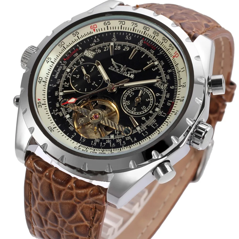 JARAGAR уникальные мужские автоматические механические часы лучший бренд класса люкс коричневый кожаный ремешок часы Tourbillon Модные мужские наручные часы