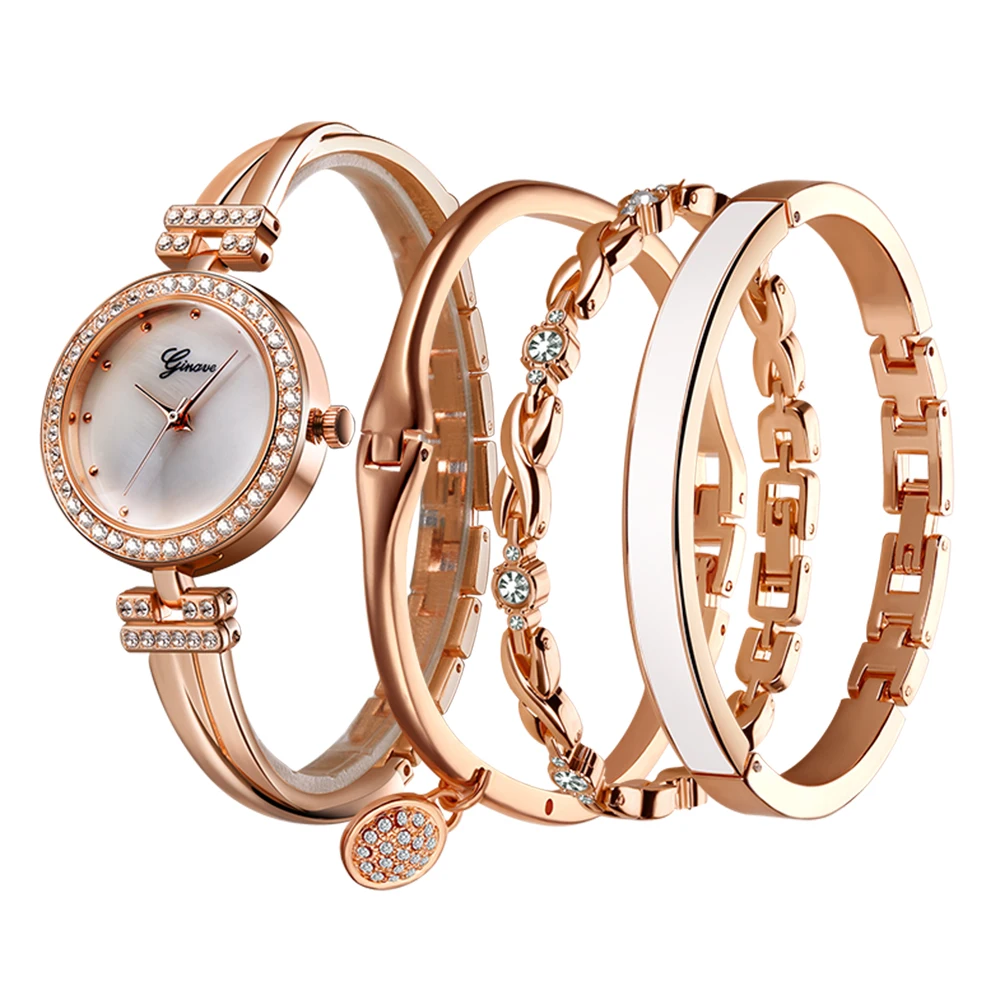 

4PC Set Ginave Women's Diamond Bracelet Bangle Watch Set Ladies Female Girl Casual Quartz Wristwatches Relojes Mujer