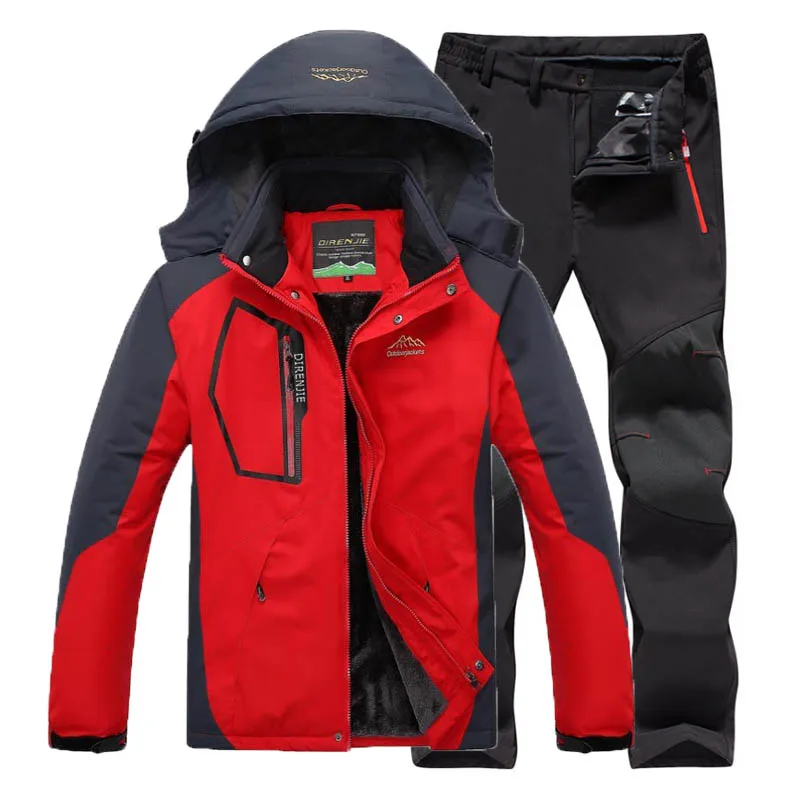 Мужские флисовые уличные куртки софтшелл брюки костюм 5XL Кемпинг Треккинг Туризм Альпинизм катание на лыжах рыбалка зимние водонепроницаемые брюки - Цвет: Red Black