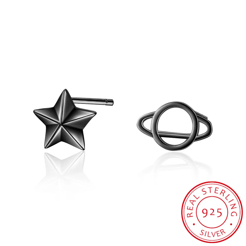 

100% 925 Sterling Silver Asymmetry Planet Star Stud Earrings For Women Simple Fashion Party Jewelry