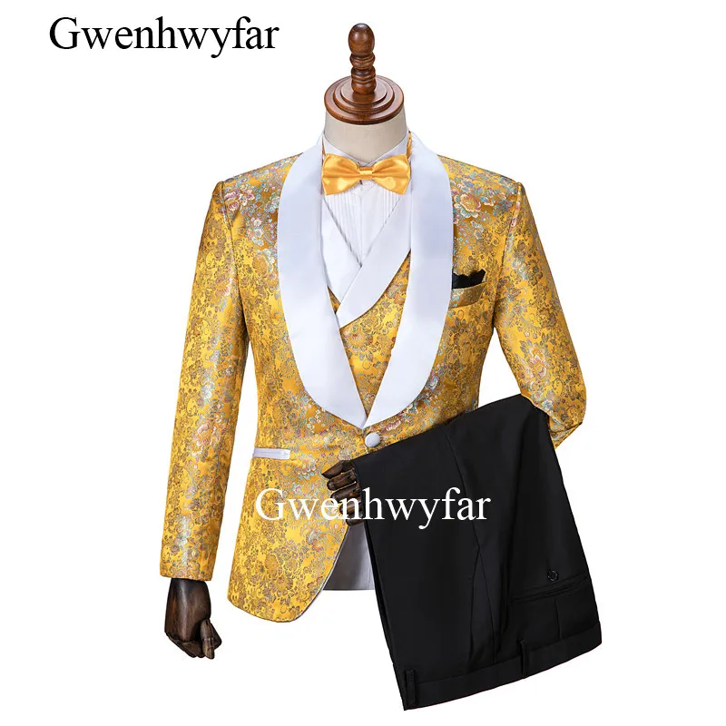 Gwenhwyfar Jacquard Flower Black Costume Slim Fit Double Breasted Vest Formal Male Suit Mens Groom Tuxedos Suit For Wedding - Цвет: same as picture