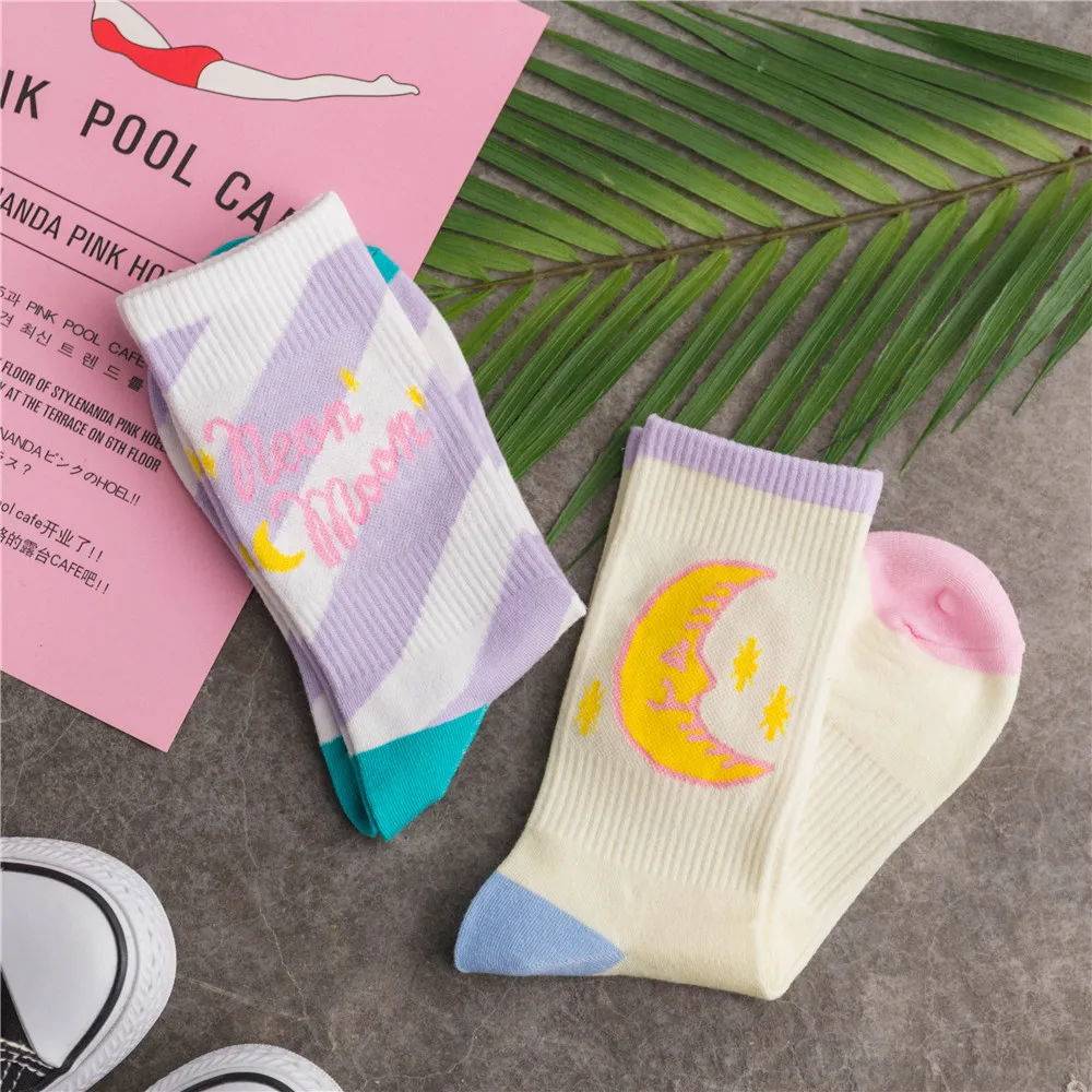 Cute Candy Color Moon Pattern Women Girl Combed Cotton Crew Socks Kawaii Harajuku Funny Art Sox Pink White Old School Korean Cute Candy Color Moon Pattern Women Girl Combed Cotton Crew Socks Kawaii Harajuku Funny Art Sox Pink White Old School Korean