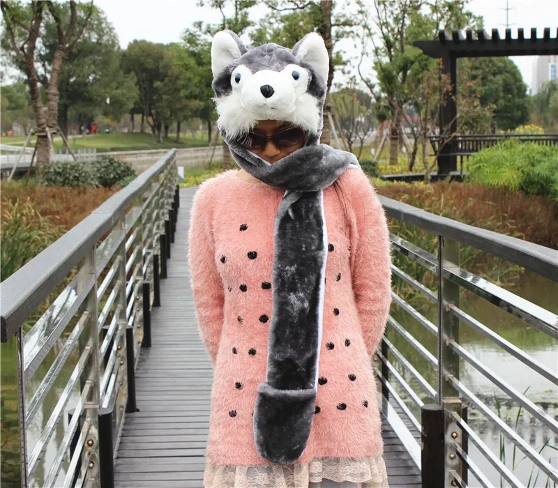 Зимняя теплая шапка шарф перчатка серый волк животное косплей шапка