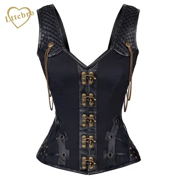 

Vintage Black Steampunk Corsets Satin and Leather Punk Gothic Clothing Sexy Tank Vest Brass Chain Detail Steel Boned Bustiers