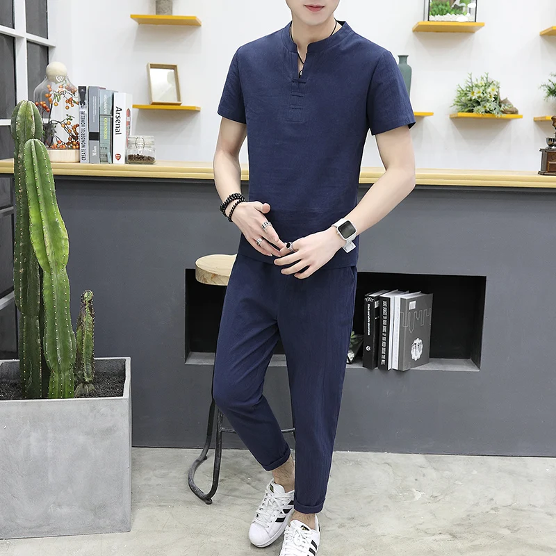 Men's Pajamas summer short Sleeve Pajama Set Cotton Linen sleepwear thin Men's Sleep Lounge Pyjamas Trousers Men's Pajamas summer short Sleeve Pajama Set Cotton Linen sleepwear thin Men's Sleep Lounge Pyjamas Trousers