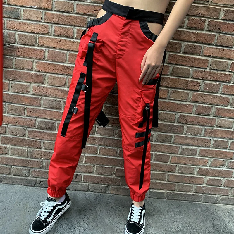 TCJULY Лето стильные выдалбливают хип-хоп брюки женские ленты карманы джоггеры Высокая талия брюки уличная одежда красные брюки карго