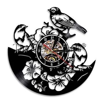 

1Piece Birds Tomtits Luminous Wall Clock Silhouette Vinyl Record Clock Sparrow Birds on Tree For Birds Lover Gift