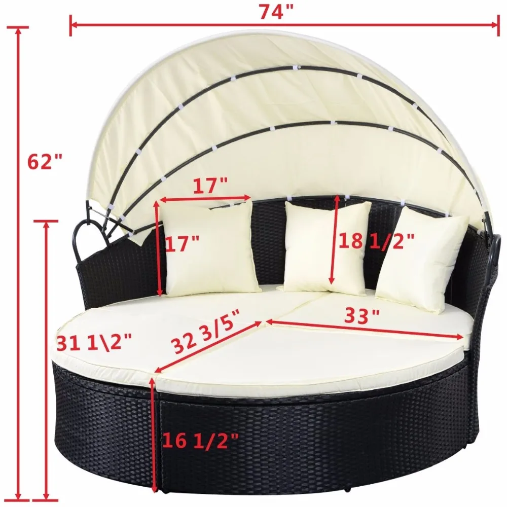 Giantex Outdoor Patio Sofa Furniture Round Retractable Canopy Daybed Black Wicker Rattan Outdoor Furniture HW51820+ Giantex Outdoor Patio Sofa Furniture Round Retractable Canopy Daybed Black Wicker Rattan Outdoor Furniture HW51820+
