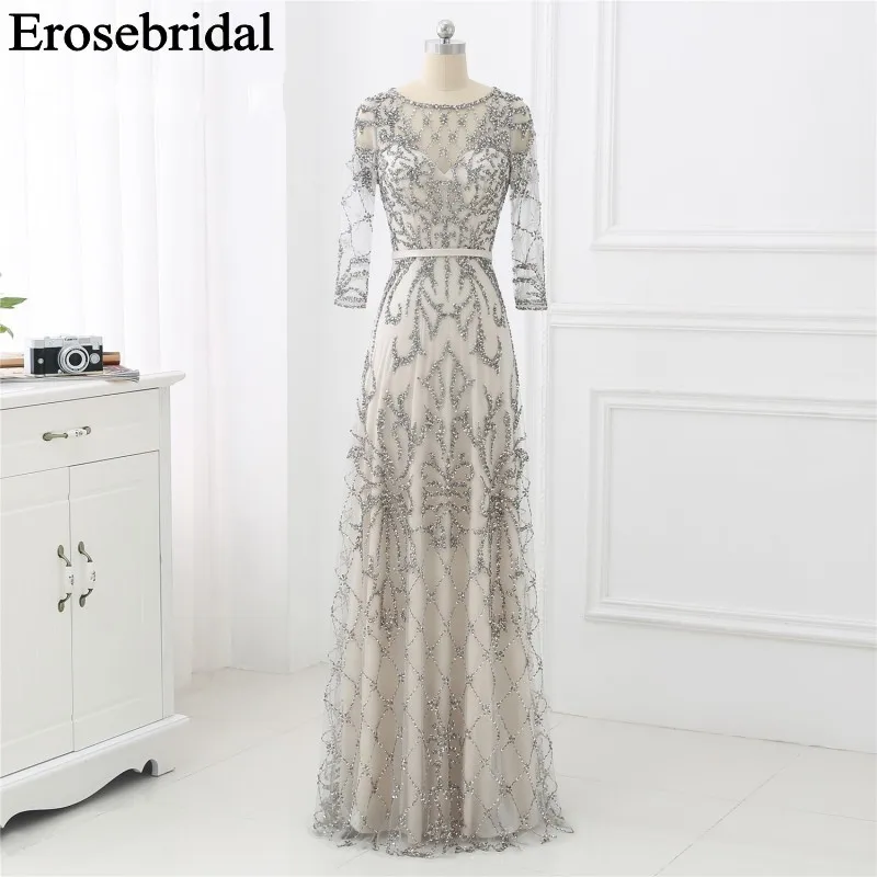 

Elegant Evening Dress Long 2019 Long Sleeve Robe Soiree Long Formal Dresses Evening Gown Red/Navy/Grey Luxury Beaded