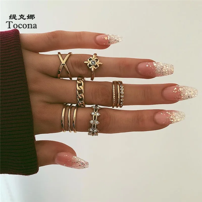 

Tocona 8Pcs/Set Bohemia Gold Color Rings Sets for Women Hollow Flowers Geometric Shiny Crystal minimalist jewelry Party 7051
