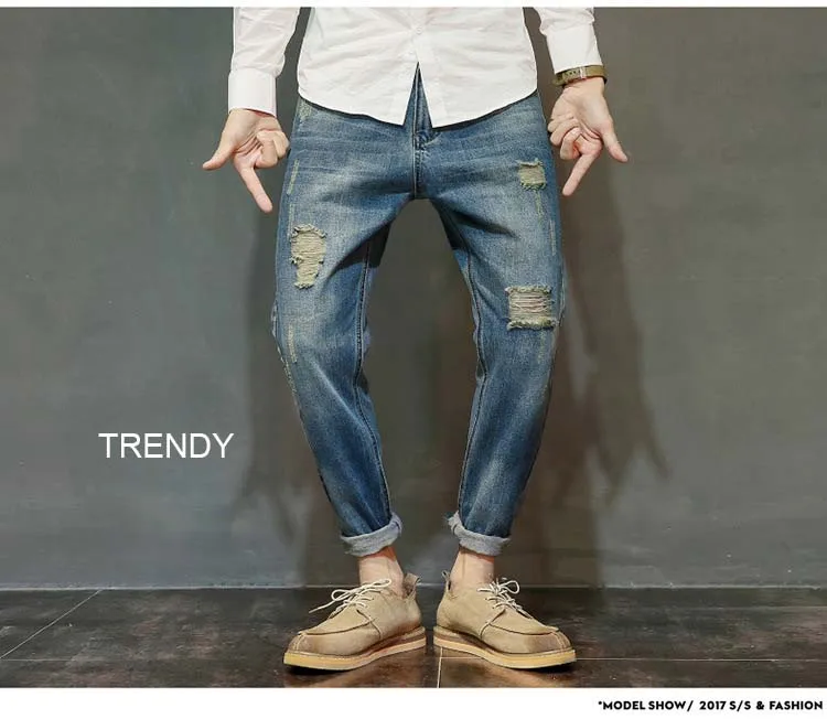 Модные Винтаж Для мужчин Рваные джинсы шаровары из хлопка джинсовые штаны Свободные мешковатые проблемных Джинсы для женщин бренд хип-хоп