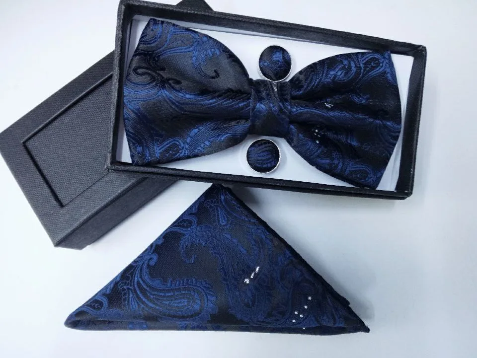 dark blue Подарок мужчине шелк подарки для мужчин бабочкой Карманный площадь кешью цветы галстук-бабочка и платок носовой платок с запонки box set - Цвет: dark blue