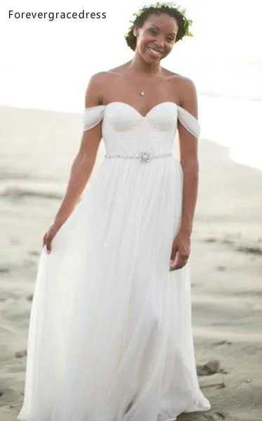 Cheap Summer Bohemian Beach Wedding Dresses A Line Off Shoulder Pleats Flowy Chiffon Long Boho Bridal Gowns Plus Size BC1190  119 (4)