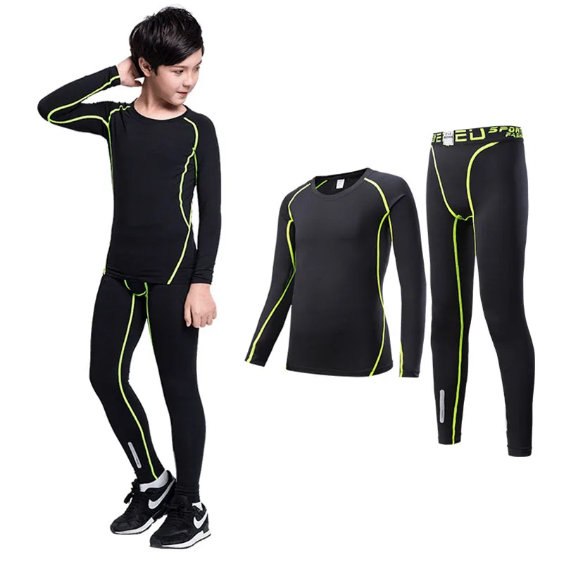 Детский комплект для бокса, компрессионная футболка+ штаны, детский Рашгард для бега, баскетбола, обтягивающие футболки, брюки для подростков, спортивная одежда ММА - Цвет: Black Green 2PL