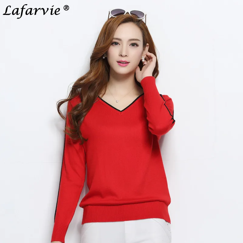 Lafarvie Hot Spring&Autumn Fashion Casual Cashmere Blended Full Sleeve V-neck Sweater Women Pullover Pull Femme Jumper Sweter 