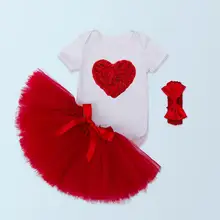 3 шт./компл. красная роза платье с юбкой-пачкой для маленьких девочек младенческой День рождения»; комбинезон для девочек и мальчиков; Пышная юбка для маленьких девочек кружевное платье с принтом Любовь повязка на голову с бантом