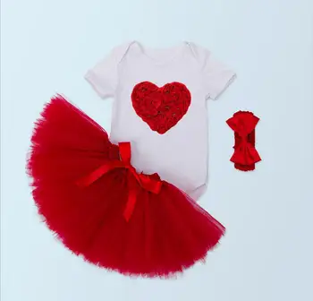

3PCs/Set Red Rose Baby Girl Tutu Dress Infant Birthday Party Outfit Romper Bubble Skirt Baby Girls Lace Love Dress Bow Headband