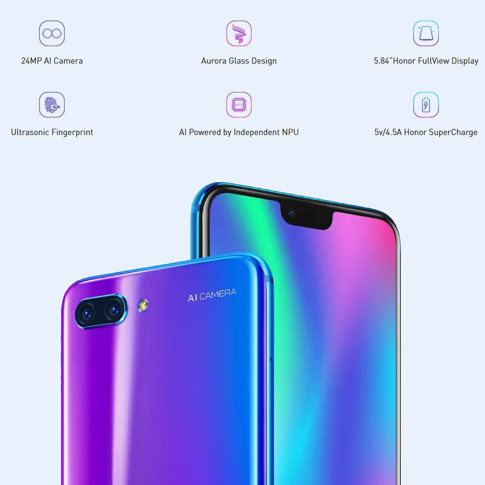 Совершенно мобильный телефон Honor 10 Kirin 970 5,8" 2280x1080 6 ГБ ОЗУ 64 Гб 128 Гб ПЗУ 3400 мАч 24 Мп Android 4G LTE NFC телефон