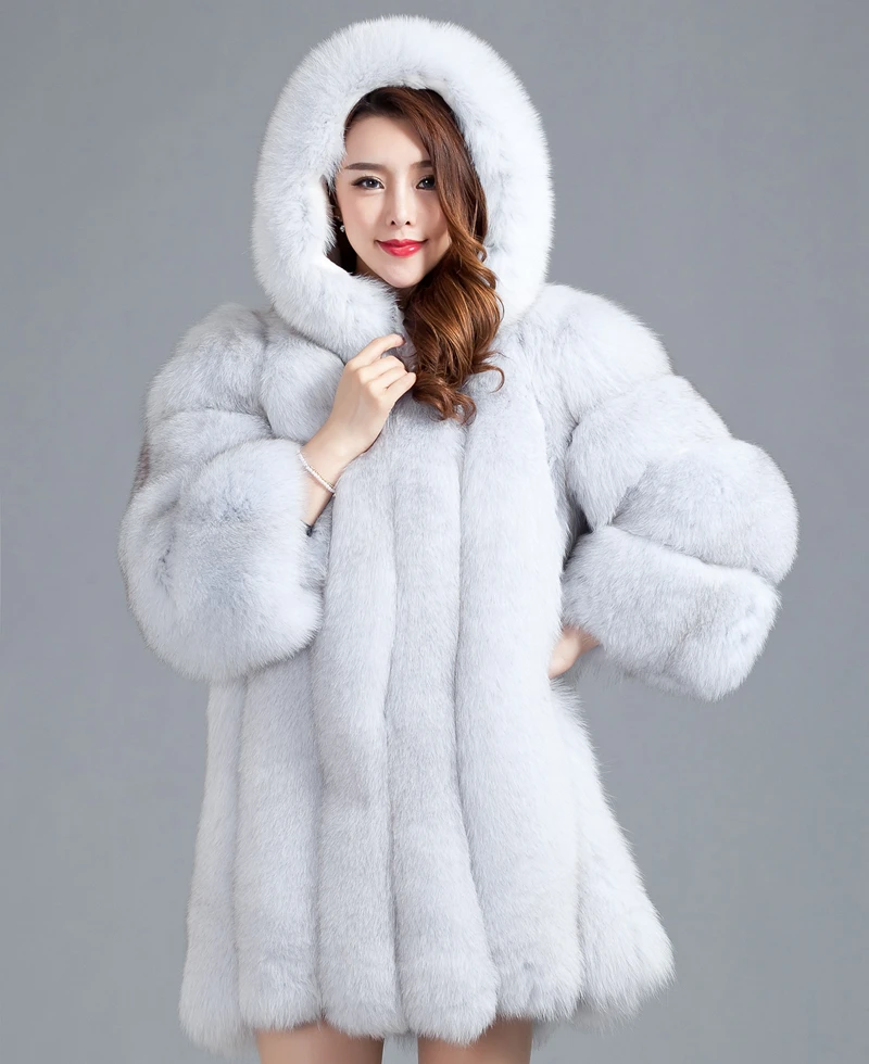 2015 Luxury Ladies Real Fox Fur Coat Jacket Cotton Lining with Hooded Winter Women Fur Outerwear