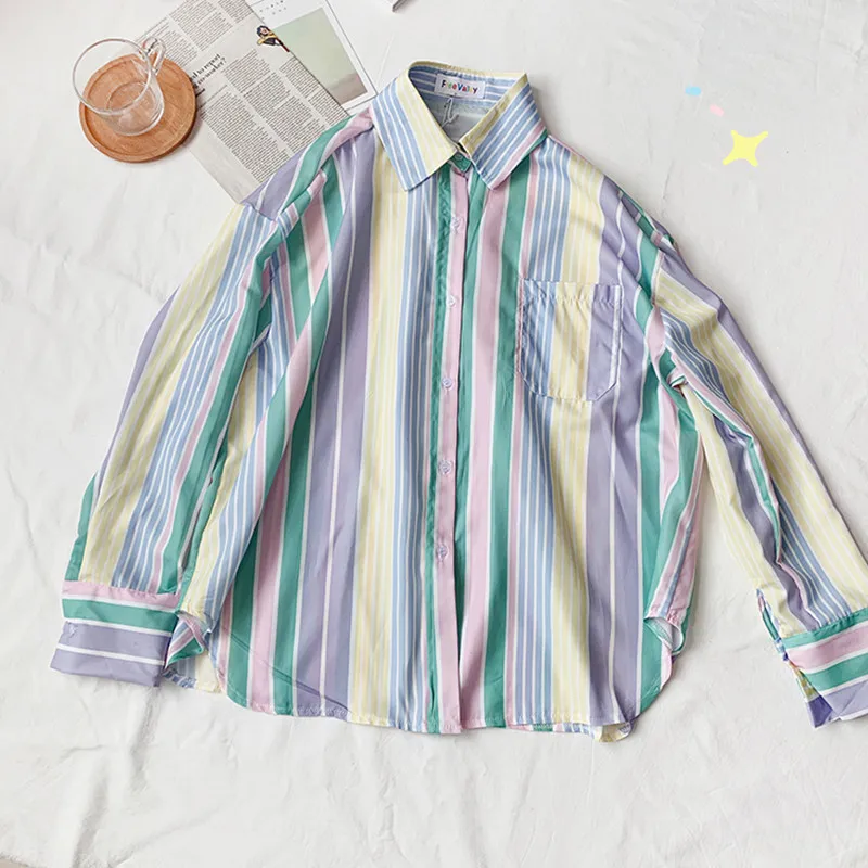 

2019 summer preppy Style rainbow stripe Women Tops Womans Long Sleeve sun protection blouse and Shirts (F3717)