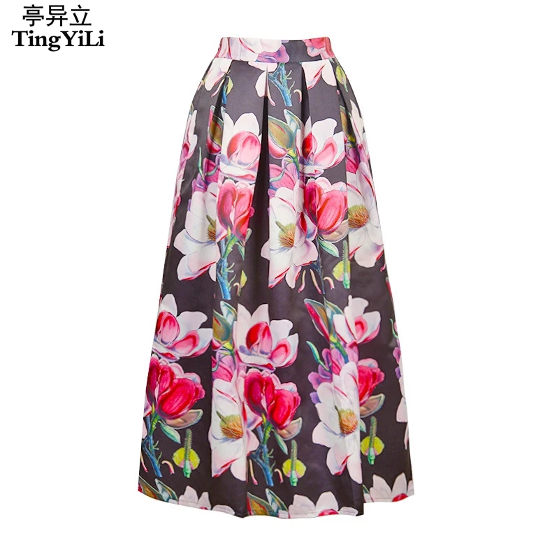 TingYiLi Long Umbrella Skirt Black White Floral Print Skirt 100CM