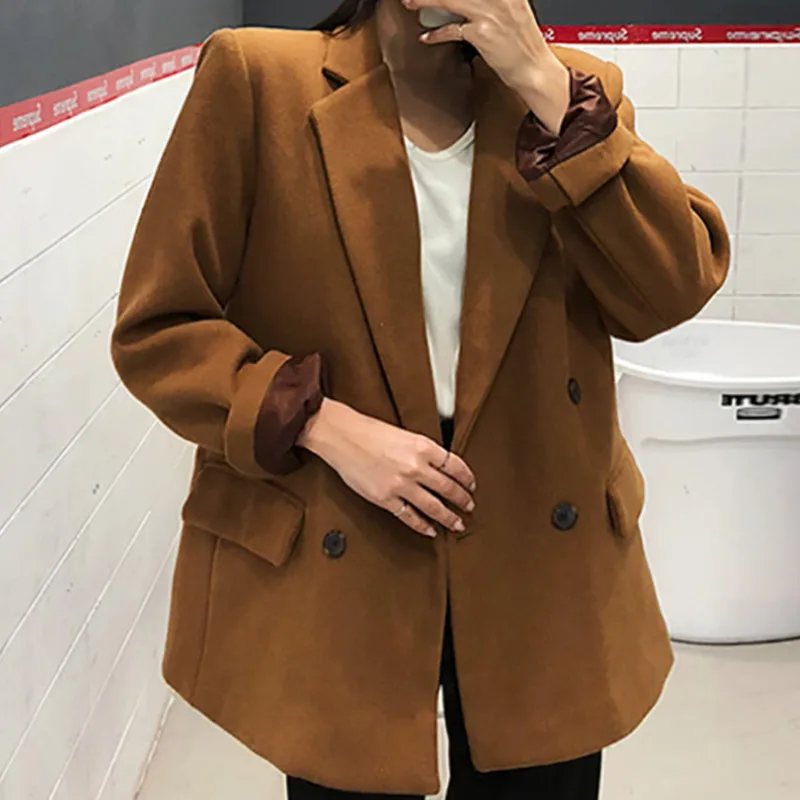 

LANMREM 2019 Autumn Winter New Casual Fashion Women Loose Plus Temperament Solid Color Double-breasted Suit Woolen Coat TC785
