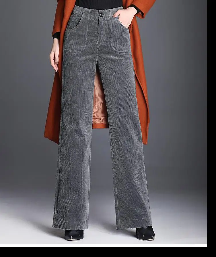 Осень Весна Повседневные женские бордовые серые черные широкие вельветовые брюки, 4xl эластичные брюки с высокой талией для женщин - Цвет: grey