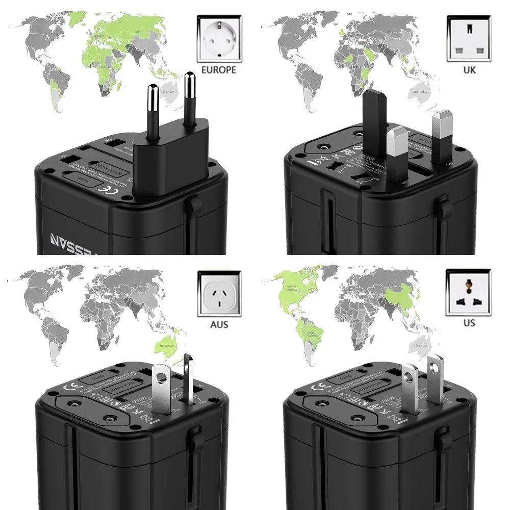Tessan Универсальный адаптер питания для путешествий Международный переходник зарядное устройство с 3 USB для США/ЕС/Австралии/Великобритании/FR/Италии розетка переменного тока