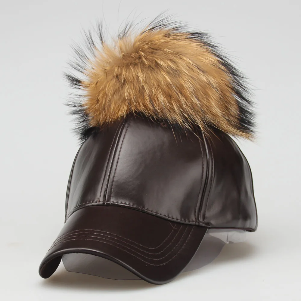 

2018 Winter New Real Fur Pom Pom for women autumn Candy Color PU Leather Baseball Cap with Big Raccoon Fur Pom Poms girl's Cap