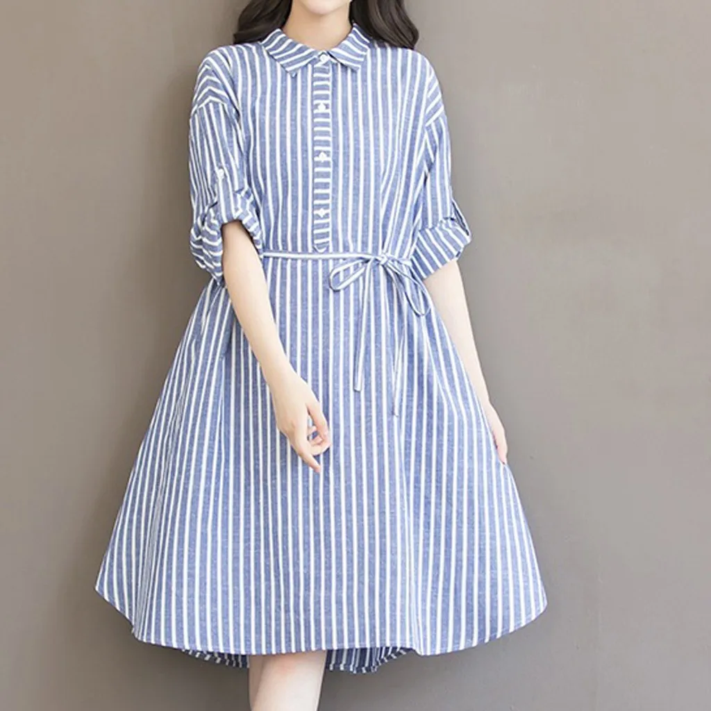 

Large Size Loose Girls Striped long-sleeved Bow Tie Long Dress Summer Beach Casual Comfort Elegant Lapel Button Maxi Dresses