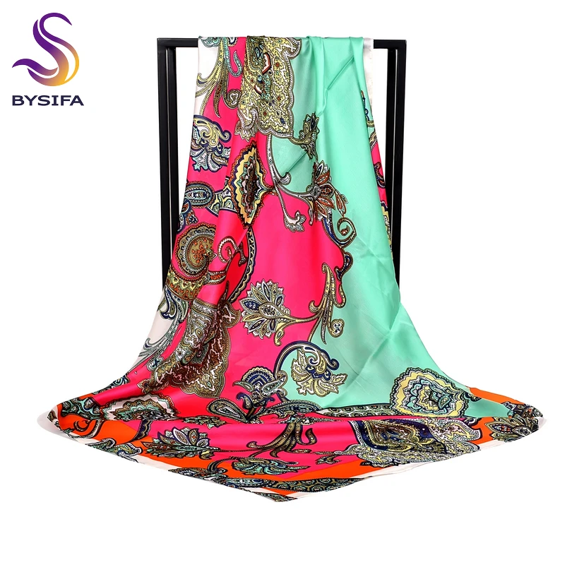 

[BYSIFA] Brand Green Pink Silk Scarf Cape New Paisley Large Square Scarves Muslim Headscarves Women Satin Scarf Shawl 110*110cm