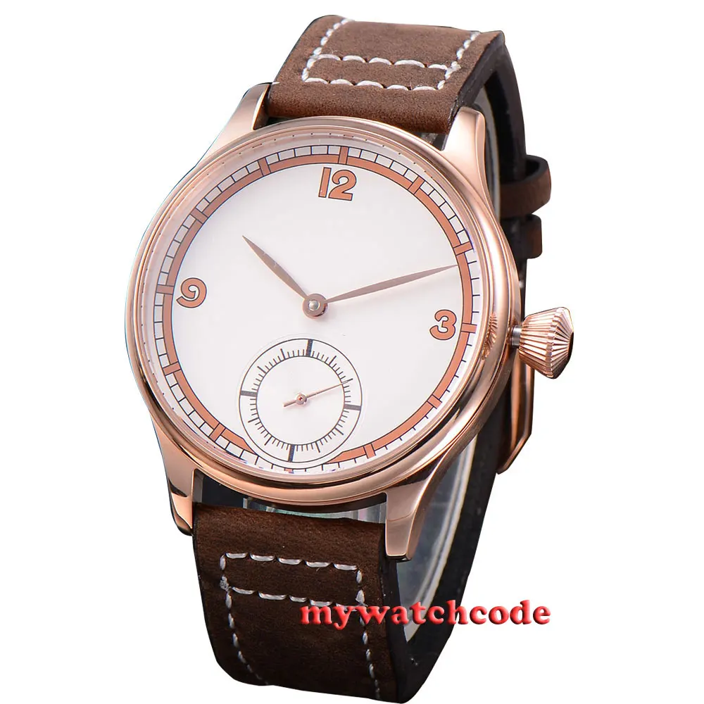 

44mm Corgeut white dial rose golden case 6498 hand winding mens wrist watch C19