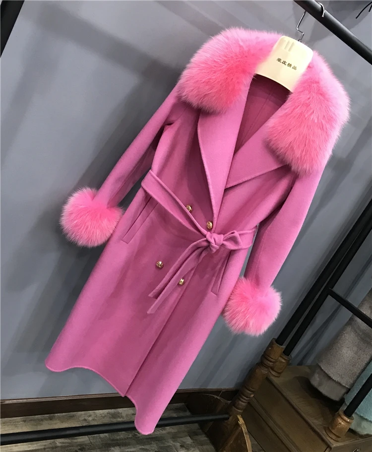 Качающийся потрясающий натуральный бренд Fox fur Trim из шерсти ягнёнка шерстяной Тренч пальто плюс размер осень зима меховые пальто abrigo mujer