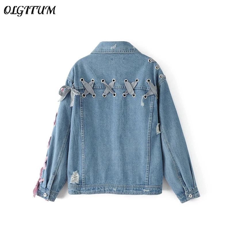 الربيع/الخريف جديد بلون غسلها الدنيم سترة الأزياء ثقوب الدينيم معطف bowknot الأشرطة أبلى النساء فضفاضة الدنيم سترة معطف