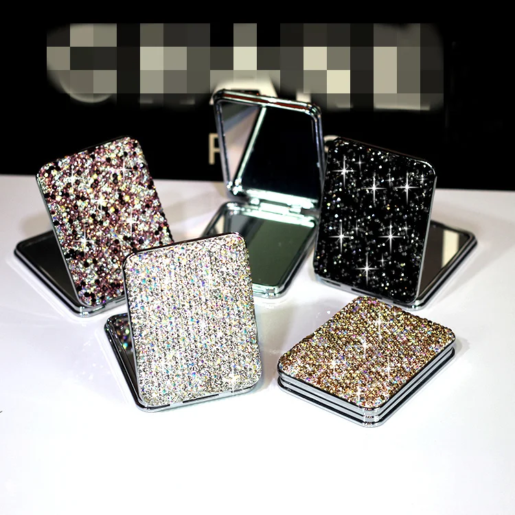 

Luxury rhinestone-bordered makeup mirror Mini portable folding mirror