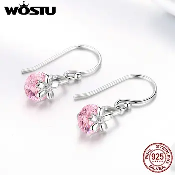 

WOSTU Pink Sakura Flower Zircon Drop Earrings 925 Sterling Silver Earrings For Women Wedding European Style Jewelry FNE039