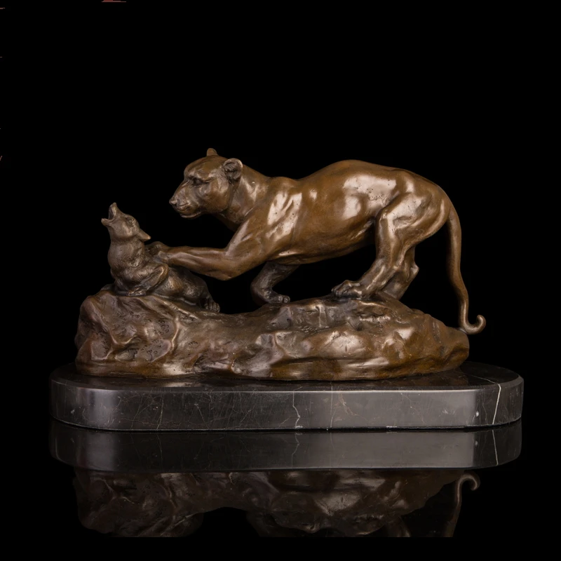 

Arts Crafts Copper 100% Real Bronze Modern Vintage Panther Hunt Sculptures Statue With Marble Base Casting Statue Antiques for H