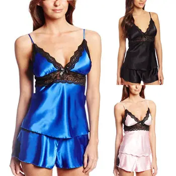 

Summer Sexy Lingerie Women Silk Lace Pajama Sets Babydoll Nightdress Sleeveless Nightgown Strappy Sleepwear Fashion