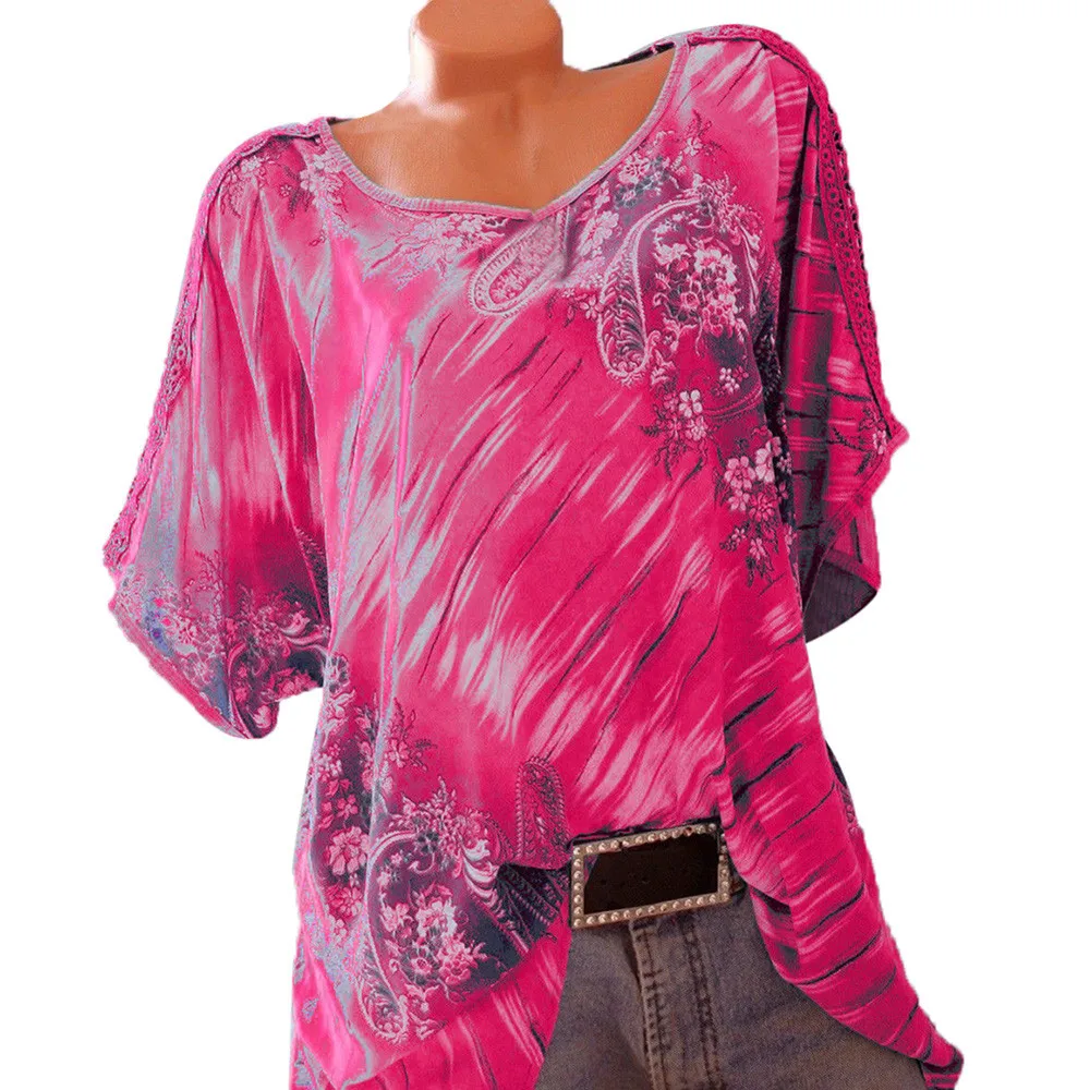 Осень 5XL размера плюс женские летние с коротким рукавом V образным вырезом цветочный принт свободные блузки повседневные кружевные Модные Топы Рубашки Блузки - Цвет: Pink