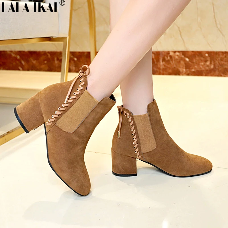 

LALA IKAI Women Winter Ankle Boot High Heel Slip-on Narrow Band Butterfly-knot Design Ladies Shoes Warm Chelsea Boots XWC2905-5