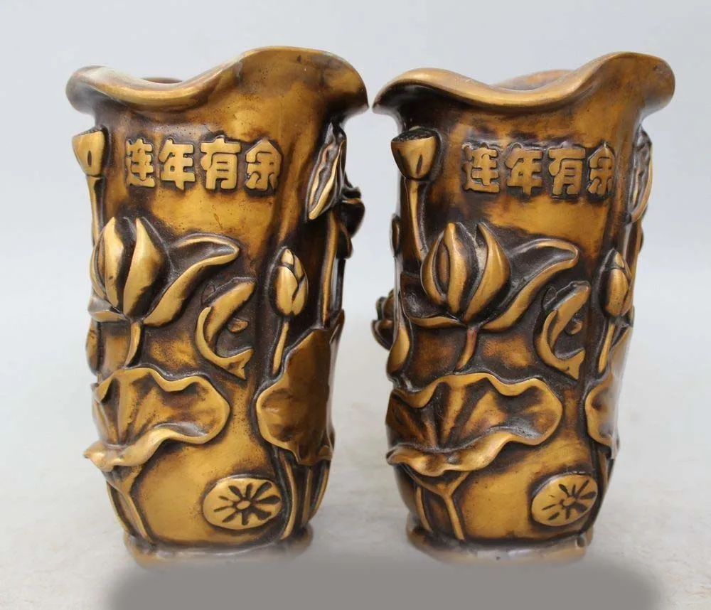 

9" Chinese Dynasty Palace Bronze lotus Fish Flower Bottle Vase Pot Statue Pair