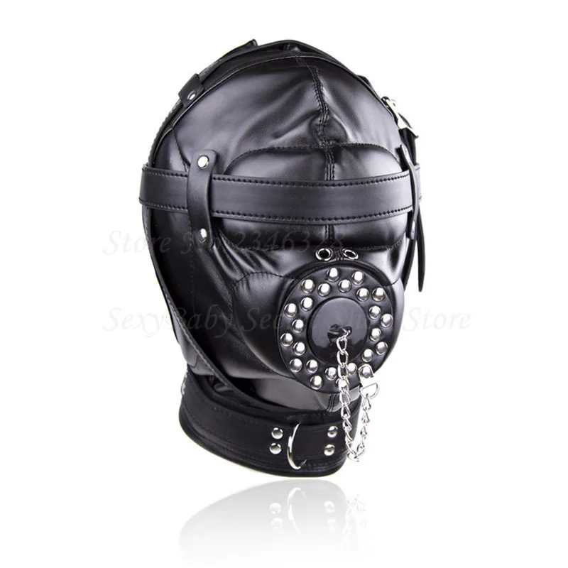 

Superior Black PU Leather Bondage Hood Fetish Open Mouth Sex Gag Mask Slave Bdsm Bondage Restraints Erotic Sex Toys for Couples