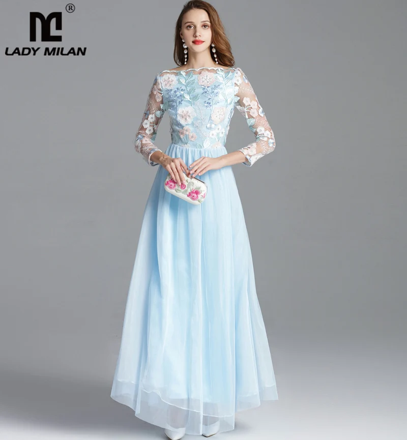 

New Arrival Luxury 25016 Women's O Neck Short Sleeves Emboridery Lace Patchwork Elegant Long Runway Dresses with Belt Plus Sizes