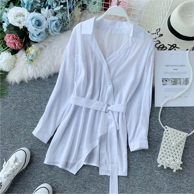 

Fashion Irregular Blouse Shirt Loose V-neck Cotton Autumn Long Sleeve Lace-up Tops 2019 Solid Casual Office Ladies Blouse blusas