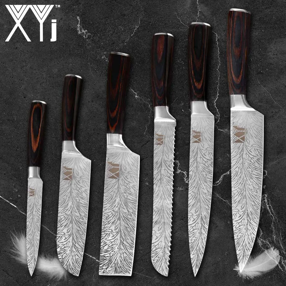 XYj японский набор кухонных ножей Santoku, нож для нарезки хлеба, нож для очистки овощей, нож с 6/8 дюймовым держателем для ножей - Цвет: E 6 PCS Sets