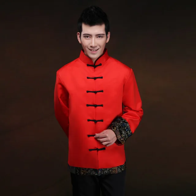 Red Traditional Chinese Clothing For Men Cheongsam Top Long Sleeve