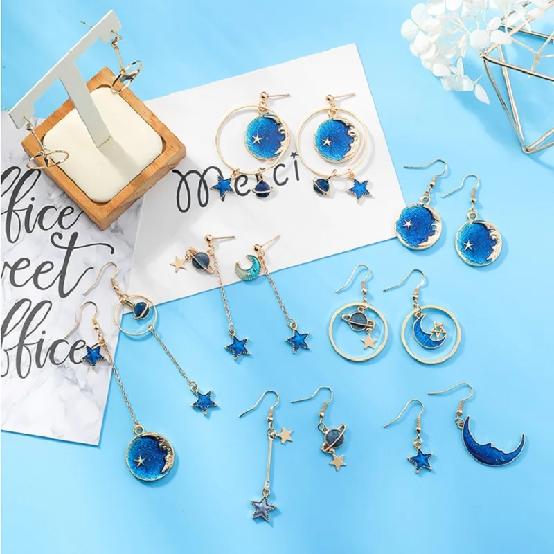 

MINGQI Korea Blue Planet Moon Star Pendant Earrings Trend Asymmetric Geometry Round Joker Long Women Earring Jewelry Accessories